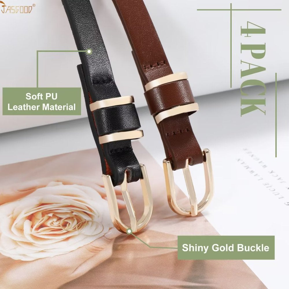 4Packs  Women'S Skinny Leather Belt Thin Waist Belts for Pants Jeans Dresses