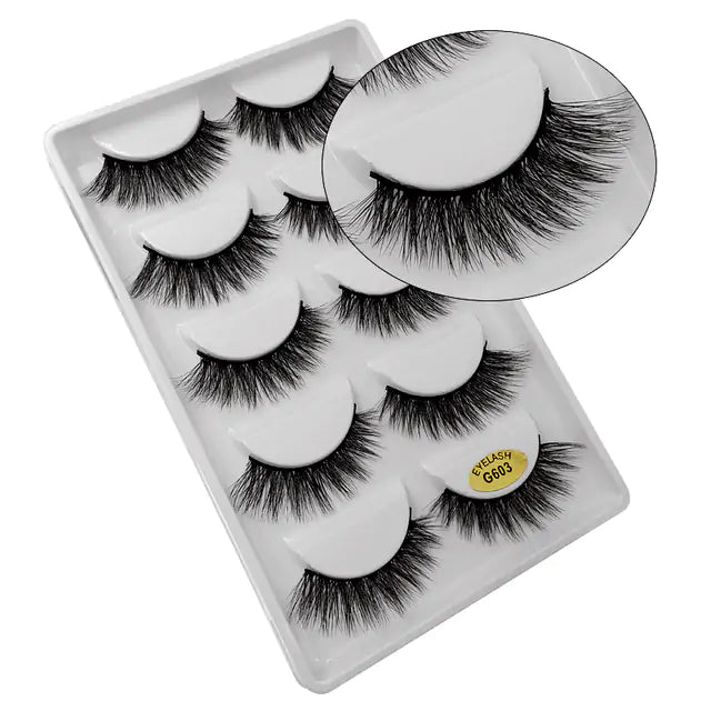 Dramatic 3D mink eyelashes from Skin Deep Beauty&More, featuring a set of five pairs of soft, voluminous lashes for a striking eye makeup look.